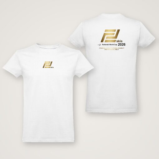FF Skis World Cup 2026 T-shirt, front and back White FF Skis T-shirt FIS Rollerski World Cup 2026 with gold logo