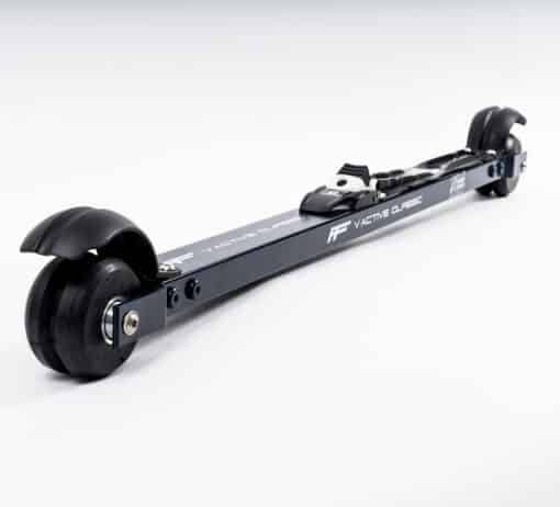 Front view of the FF V Active Classic rollerski, highlighting its sleek and aerodynamic design with V-groove wheels and advanced suspension system for enhanced stability and performance.