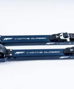 Side-by-side view of two FF V Active Classic rollerskis, showcasing their aerodynamic design, V-groove wheels, and advanced suspension system for superior stability and performance.