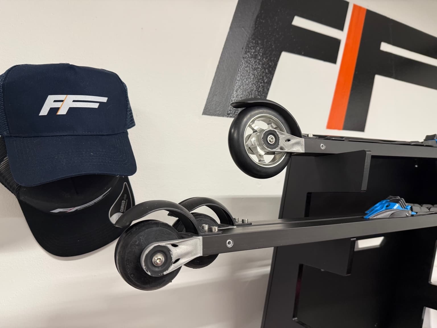 Display of FF rollerskis at a retail location.