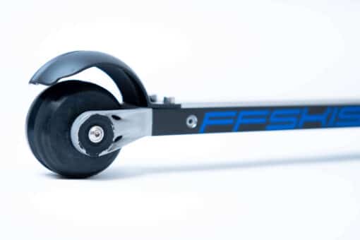 Close-up of FF 360 Flow Classic roller ski's innovative frame and durable wheel system.