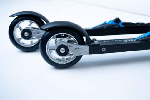 Pair of FF 360 Flow Skate roller skis with aluminum rims and Salomon Race Skate bindings.