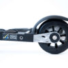 Close-up of FF 360 Flow Skate roller ski showing FIS product supplier logo and recyclable black plastic wheels.