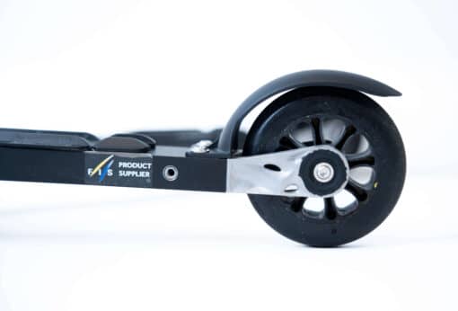 Close-up of FF 360 Flow Skate roller ski showing FIS product supplier logo and recyclable black plastic wheels.