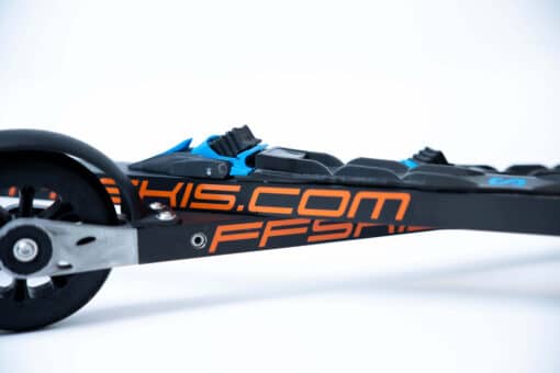 FF 360 Flow Skate roller ski showing lightweight frame, orange branding, and recyclable black wheels.