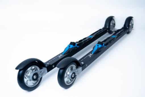 Side view of FF 360 Flow Skate roller skis showcasing aluminum rims and Salomon Race Skate bindings.