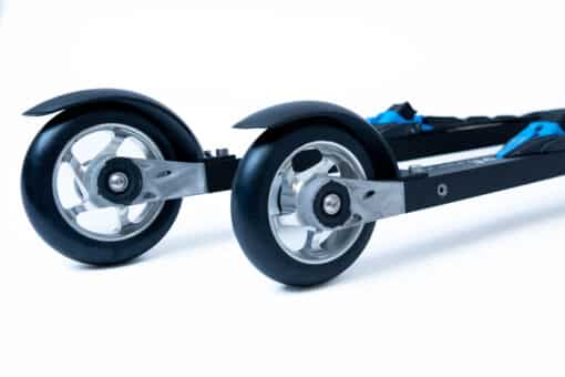 Side view of FF 360 Flow Skate roller skis showcasing aluminum rims and Salomon Race Skate bindings.