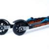 Side view of FF 360 Flow Skate roller skis featuring Salomon bindings and durable black plastic wheels.