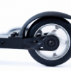 Close-up of a ROLLERSKI rear wheel with black fender, aluminum spoke Close-up of a ROLLERSKI rear wheel with black fender, aluminum spoke hub, and folding deck mechanism