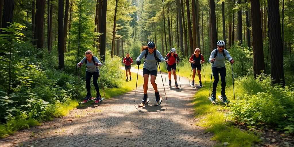 Outdoor enthusiasts rollerskiing on a forest trail.