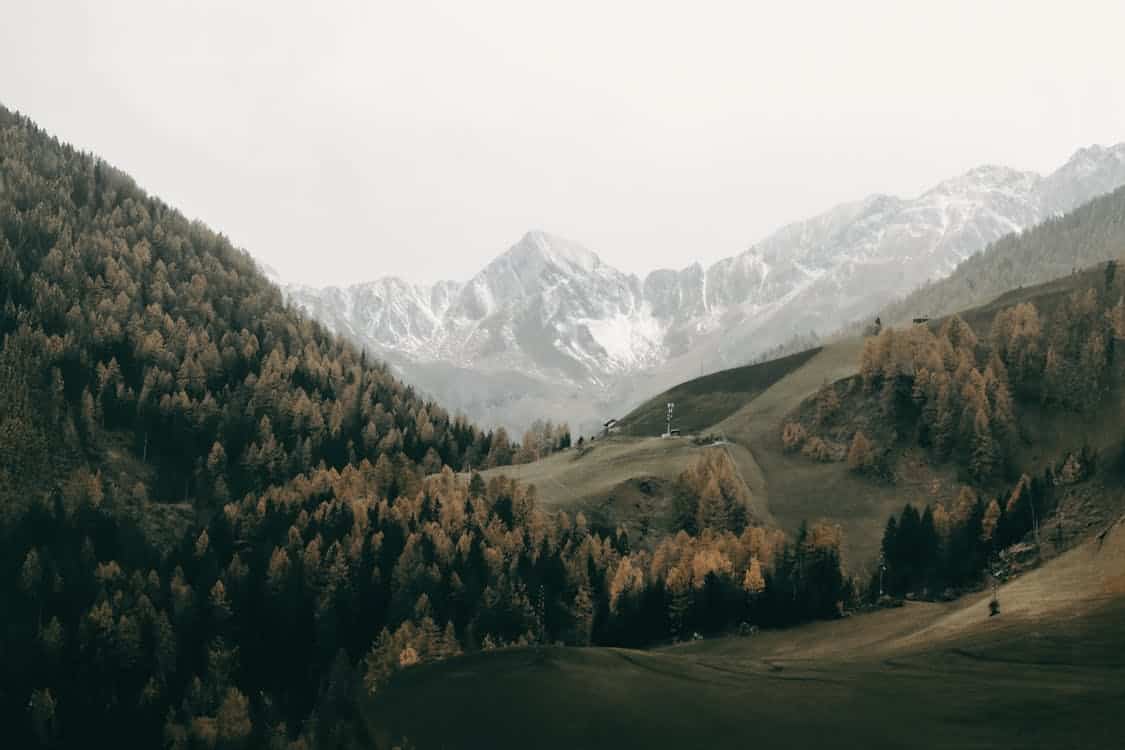 A scenic mountain landscape with rolling hills and a forest of autumn-colored trees. Snow-capped peaks rise in the distance, and the overcast sky gives the scene a moody atmosphere. A ski lift is visible on the hillside, indicating a ski resort area.