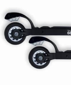 Two black Flow Frame 660 roller ski frames with wheels, seen from above on a clean white background. Essential for nordic ski