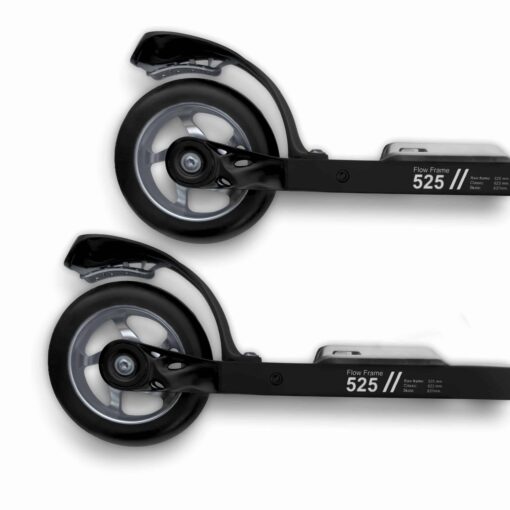 Detailed view of FF Rollerskis Flow Skate 525 frame with black wheels and splash guards on a white background.