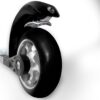 Close-up of a durable black FF Rollerskis wheel with a sleek silver alloy rim and integrated protective mudguard.