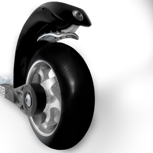 Close-up of a durable black FF Rollerskis wheel with a sleek silver alloy rim and integrated protective mudguard.