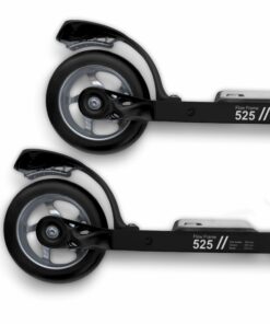 Two black Flow Frame 525 roller ski frames, each with a single wheel, displayed horizontally on a white background.
