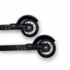 Close-up view of two black Flow link rollerski rear wheels, showing the black rubber tires and silver hubs with adjustable se