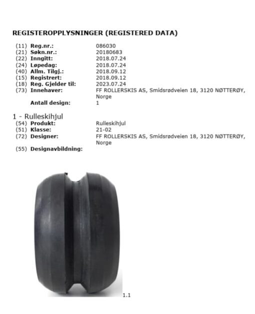 Patented V-sporet Rollerski Wheel Design Black rubber rollerski wheel featuring the patented V-sporet groove design for superior tracking and stability.