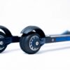 Close-up of a roller ski showing two black rubber wheels with blue Close-up of a roller ski showing two black rubber wheels with blue aluminium hubs on a black frame