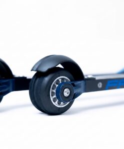 Close-up of a roller ski showing two black rubber wheels with blue aluminium hubs on a black frame