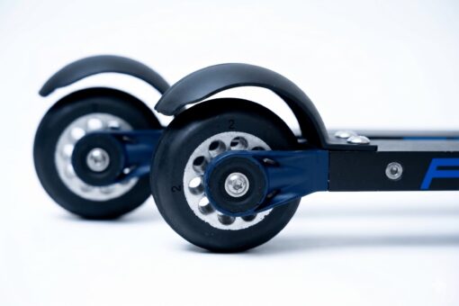 Close-up of FF Rollerskis showing integrated suspension forks and durable wheels for smooth asphalt training.