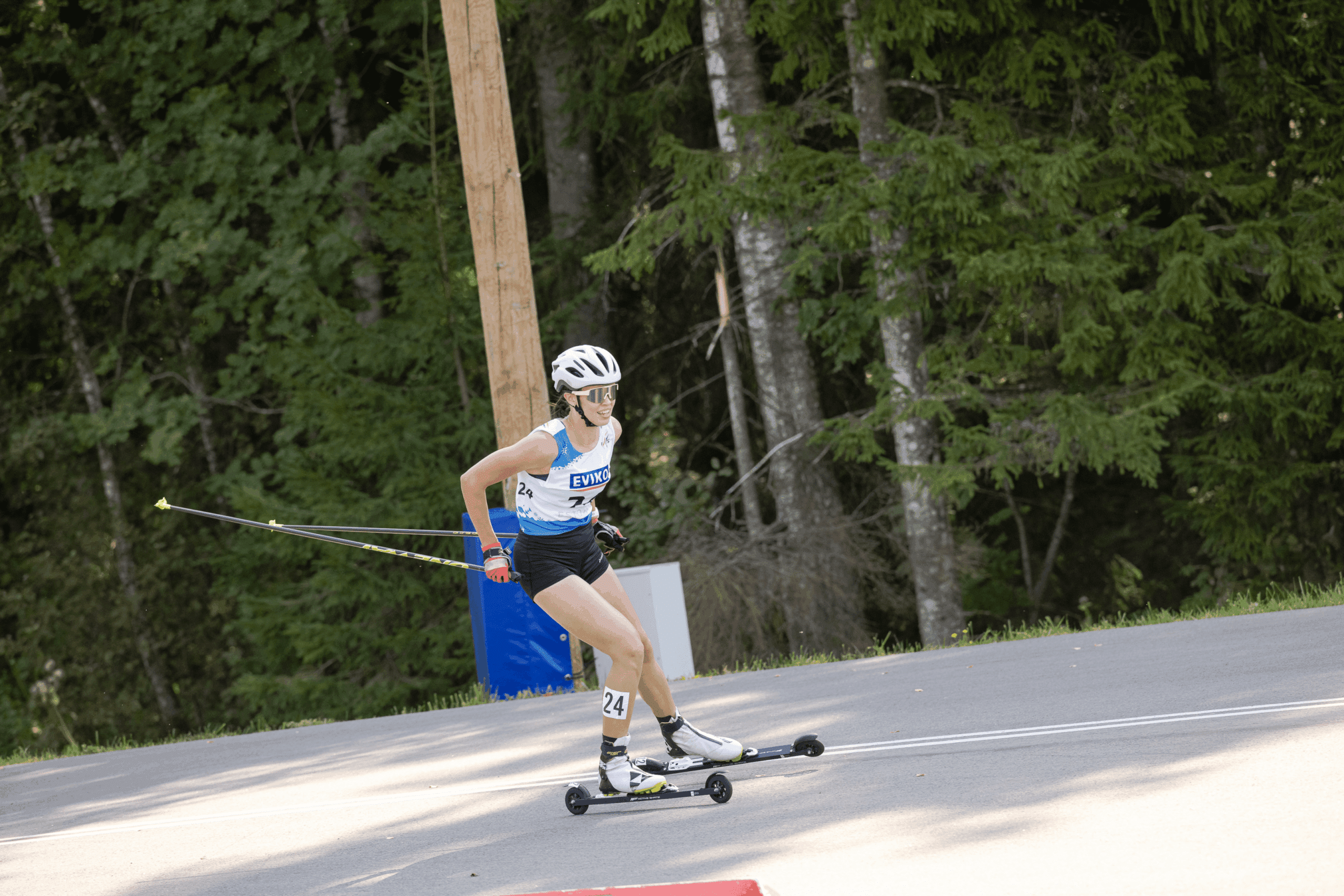 An athlete roller skiing during the FIS Rollerski World Cup 2022, using FF Rollerskis as the official product supplier