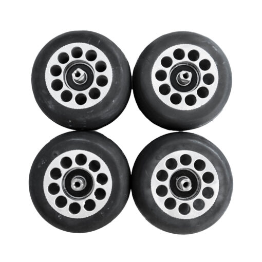 Close-up of FF V Pro track wheels, designed for stability and performance on roller ski tracks
