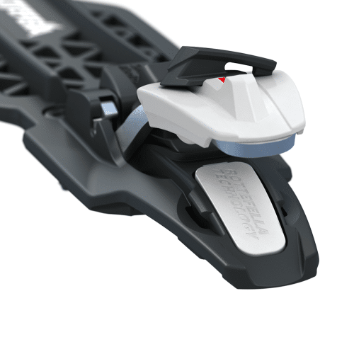 A detailed front view of a Rottefella rollerski binding designed for precision and performance